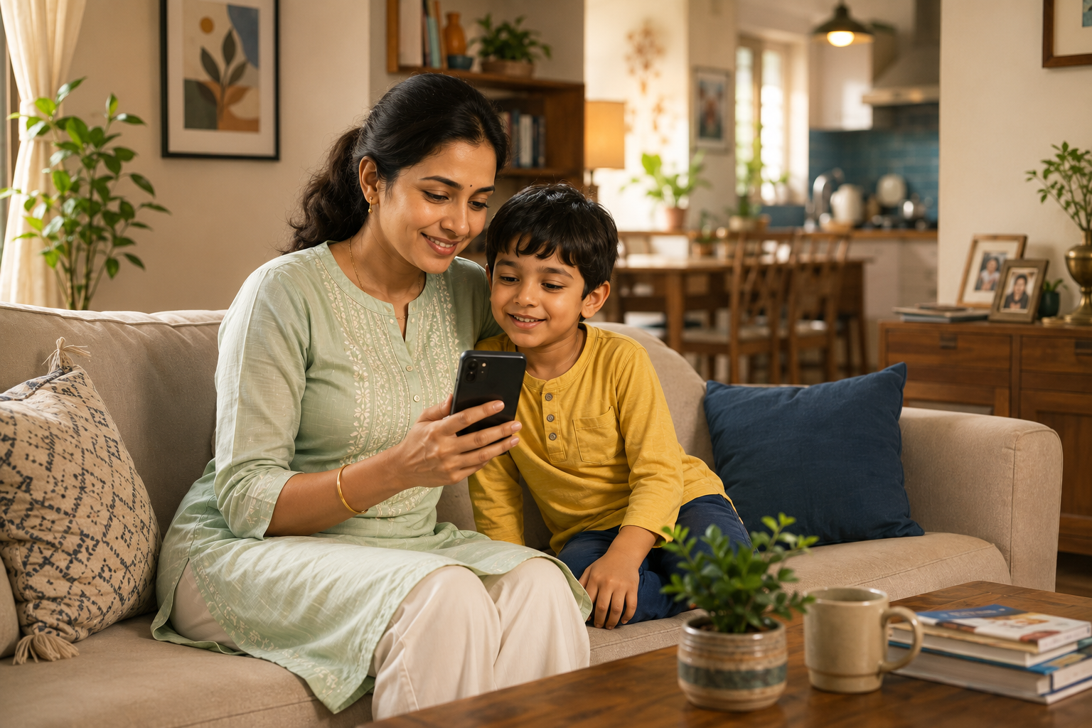 A woman relaxing at home with her child