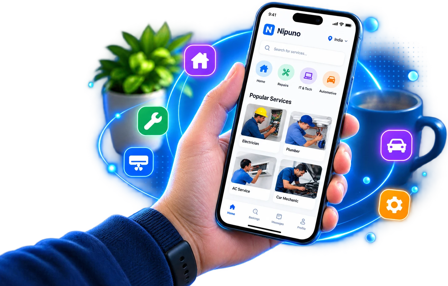 A hand holding a phone showing the Nipuno app