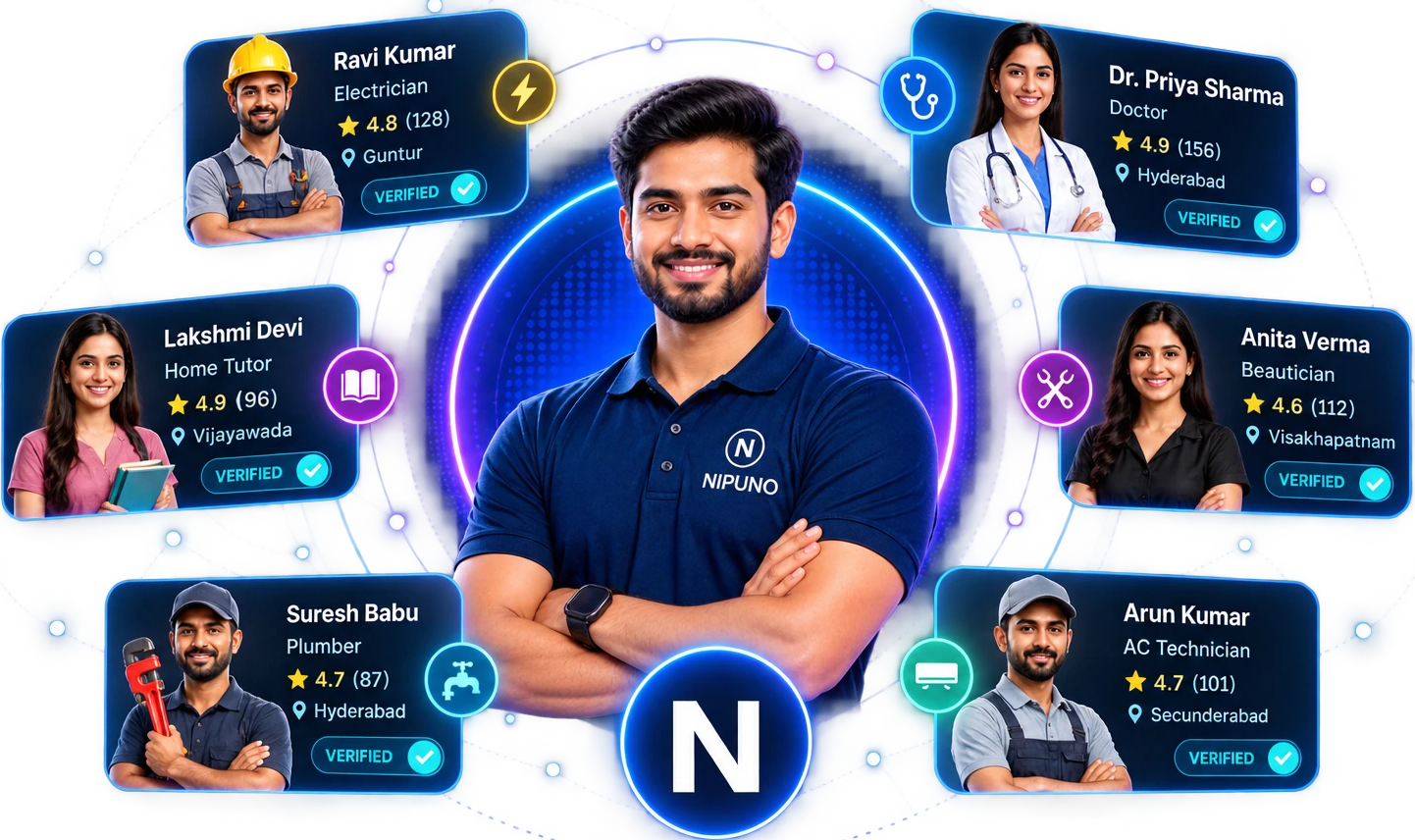 Nipuno verified professionals: electrician, doctor, home tutor, beautician, plumber and AC technician